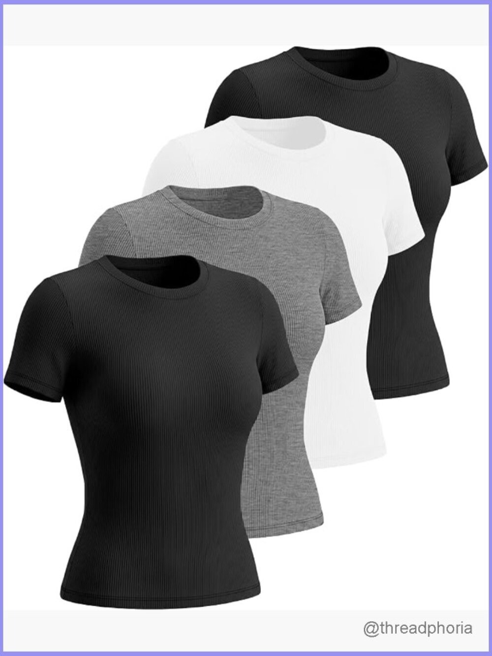 4 Pack Short Sleeve Ribbed T Shirts Crewneck Basic Tees Knit Slim Fitted Tops